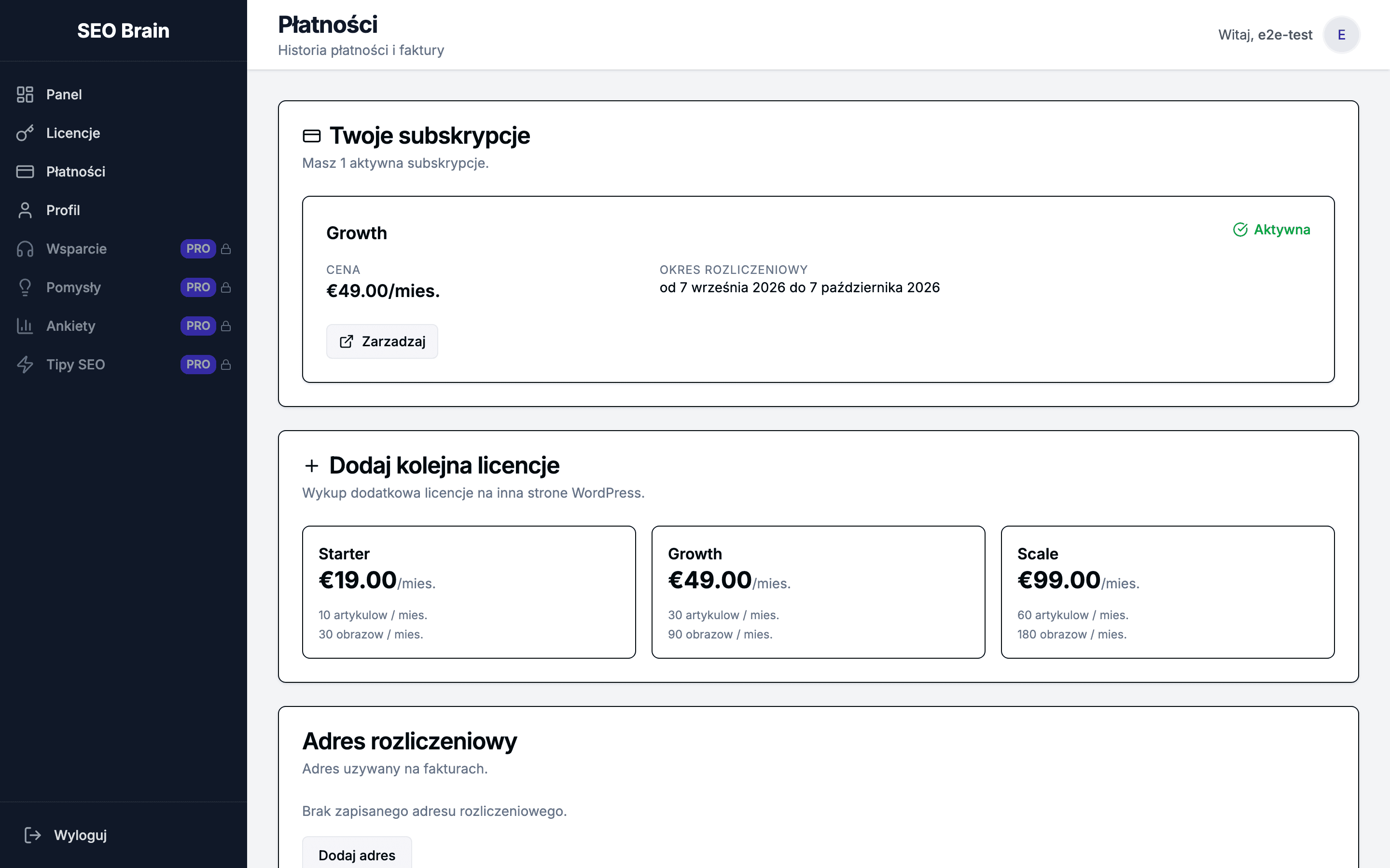 Panel płatności z aktywną subskrypcją Growth
