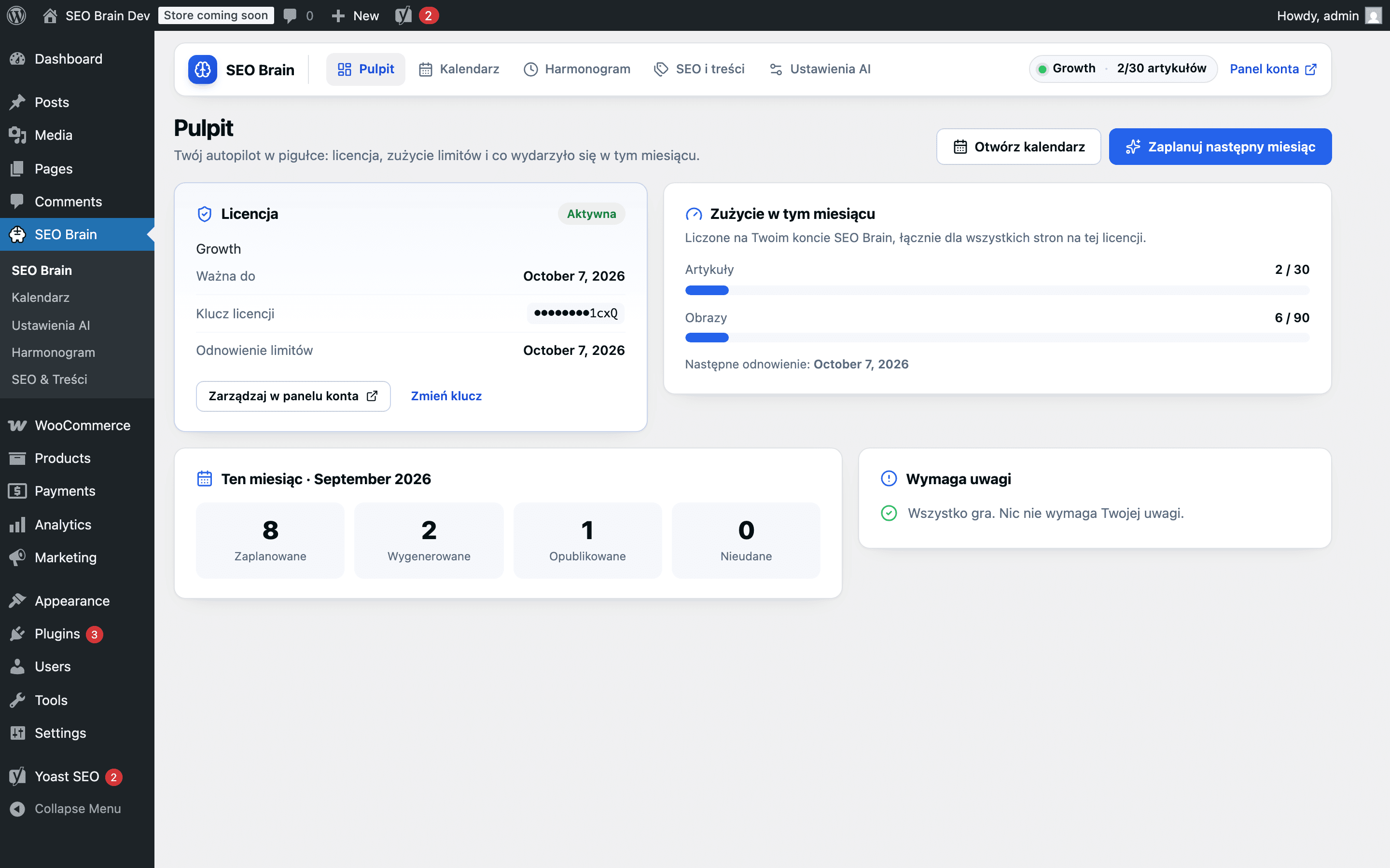 Panel wtyczki SEO Brain w WordPressie: status licencji, zużycie limitów i szybkie akcje