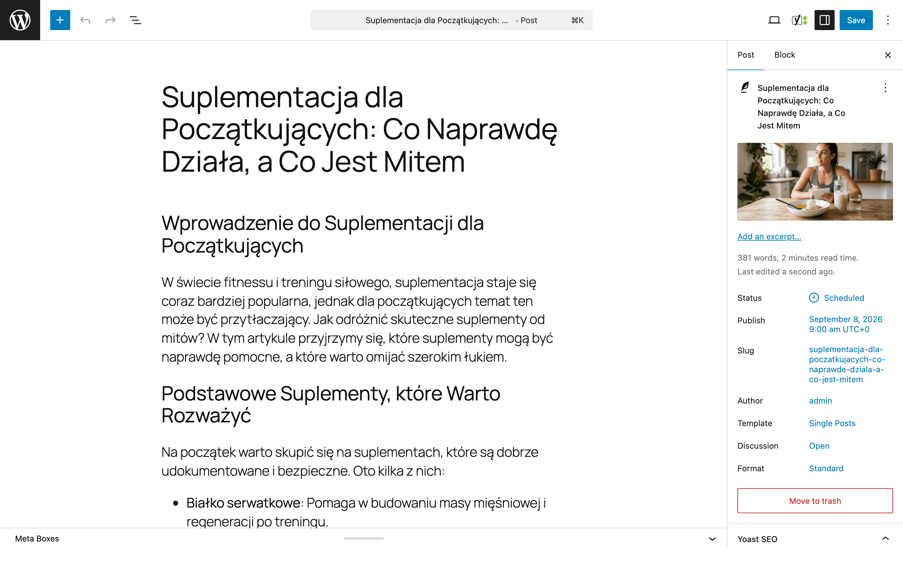 Edytor WordPressa z wygenerowanym artykułem, okładką i zaplanowaną publikacją
